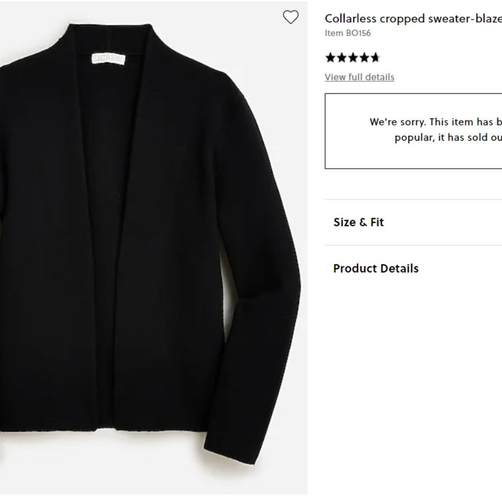 J.Crew Collarless cropped sweater-blazer (black), M